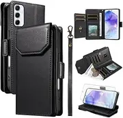 [Asuwish] Mobile Phone Case for Samsung Galaxy A55 5G Case with Screen Protector and Card Slot Foldable Leather Wallet Stand A 55 55A A555G Zip Cover Mobile Phone Cases Protective Phone Case Black