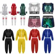 Kids Boys Girls Hooded Tops Pants Jazz Hip-Hop Street Dance Outfit Shiny-Costume