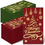 Whaline Merry Christmas Guest Paper Napkin Red Green Gold Foil 3 Ply Disposable Napkin Xmas Tree Dinner Hand Napkin Towel for Winter Party Supplies Table Decor, 80Pcs