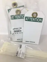(25) Pk BRADY Lockout Tags, Laminated, Attention, W/zip Ties, Green, Grommeted