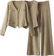 [Generic] Women Button Vest+V Neck Long Sleeves Cardigans+Wide Legs Pants Stripe Three Pieces Sets