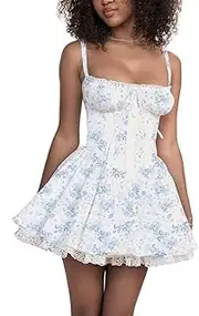 [ZPLxi] Women's Short Corset Sundress Spaghetti Straps Backless Lace up Low Cut Mini Dress Boho Summer Bustier A-line Dress