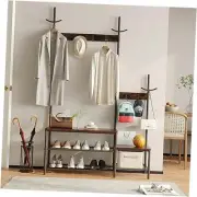 Hall Tree Coat Rack Shoe Bench, Industrial Design, 3-in-1, Rustic Brown