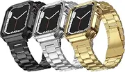 [MRYUESG] 3 Pack Designed for Apple Watch Band, Wrist-Band for i-Watch Series 9 8 7 6 5 4 3 2 1 SE, Stainless Steel Metal Chain with TPU Cover Case, Smart-Watch Link Bracelet Strap, 45 44 42 41 40 38mm