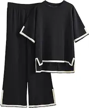 [Kissonic] Women's Two Piece Knit Sets Short Sleeve Sweater Pullover Tops High Waist Wide Leg Pants Tracksuit Set