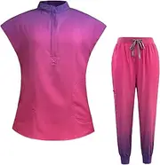 [Meichoon] Scrubs Set for Women Medical Uniform Set with Gradient Color Stand Collar Short Sleeve Top Elastic Jogger Pants Moisture-Wicking DK63