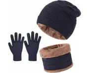 Winter Beanie Hat Touchscreen Gloves Neck Warmer Scarf Set Slouchy Beanie Thinsulate Gloves For Men And Women,Navy Blue