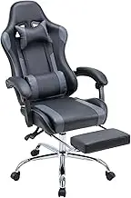 DUMOS Ergonomic Gaming Desk Chair - PU Leather Recliner with Footrest, Lumbar Support, Headrest, Fixed Armrests, Height Adjustable, 360° Swivel, Grey, for Adults