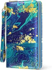 [Aiawoxc] Womens Wallet, RFID Wristlet Wallets for Women, Cute Ladies Clutch Purses, Large Leather Travel Card Holder with Zipper and Phone Holder, Ocean Marble