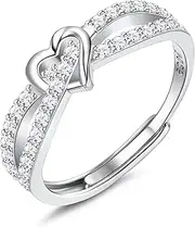 [Sanfenly] 925 Sterling Silver Rings for Women Heart Adjustable Open Rings Cubic Zirconia Engagement Promise Ring for Wedding