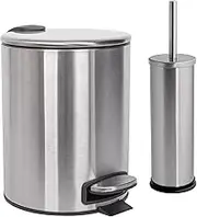 Harbour Housewares 5L Bathroom Bin & Brush Set - Brushed - 2pc Round Stainless Steel Pedal Bin & Toilet Brush Set Slim Small Trashcan for Kitchen Waste, Bathroom Rubbish