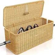 Cable Organizer Box | Woven Imitation Rattan Cable Management Box | Lidded Design Household Storage Basket Decoration Case for TV Wires, USB Hub, Power Strip