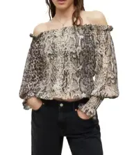AllSaints Lara Noche Off the Shoulder Smocked Top Snakeskin Size 8 NEW