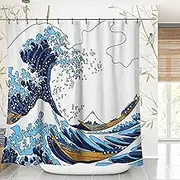 Spanker Space Cool Japanese Asian Art Modern Blue Anime Ocean The Great Waves Kanagawa of Hokusai Aesthetic Waterproof Fabric Bath Fabric Shower Curtain with Hooks, Bathroom Set Decor, 72"x72"