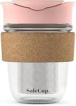 SoleCup Travel Mug Loose Tea Infuser - Detachable Tea Strainer with Spillproof Lid - BPA-Free Reusable Glass Travel Coffee Cup with Cork Band (Pink)