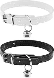 eMagTech 2PCS Cat Collar with Bell PU Leather Comfortable Kitten Collars for 15~23cm Neck Size Adjustable Length Small Pets Supplies 1cm Width Black & White