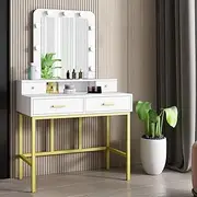 Luxsuite Dressing Table with Lighted Mirror Vanity Table with Light Makeup Desk with 4 Drawers for Bedroom Studio White and Gold