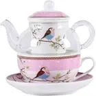 Elegant Tea for One Set: Glass Teapot with Porcelain Infuser & Cup, Pink Bird