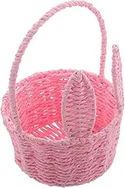NOLITOY Easter Bunny Woven Basket for Handmade Pink Straw Wicker Picnic Hamper for Egg Hunt Party Favors and Charming Storage with Adorable Bunny Ears