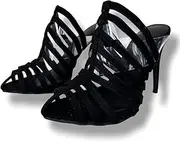 [Frankie Hsu] Sexy Ladies Stiletto High Heeled Mules, Black Silver Slip On Multi Strappy Designer Stylish, Luxury Big Large Size US5-19 Unisex Shoes for Women Men