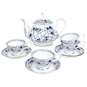 LE POTOCIO Bone China Tea Set for Adults, 13-Piece Porcelain Tea Sets,Blue and White Bone China Tea Cup Set for 4，Vintage Tea Sets for Women Tea Party or Christmas Gifts