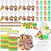 Seajan 162 Pcs Monkey Birthday Party Favors for 16 Kids Include Keychain Ring Bracelet Stamp Erasers Sticker Bag Tags for Panda Sloth Butterfly Monkey Theme Birthday Baby Shower Party Decor