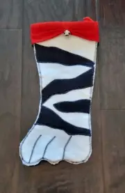 NEW Vintage Christmas Stocking Black White Cat Paw Tiger Stripe Red Velvet Bell