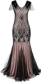 [OwlFay] Women’s 1920s Vintage Sequins Fringe Long Gatsby Flapper Dress Formal Wedding Evening Maxi Gown Party Cocktail Dresses, Black + Pink, XX-Large