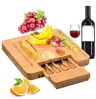 Qisebin Bamboo Cheese Board with 4-Stainless Steel Cutlery in Slide-Out Drawer