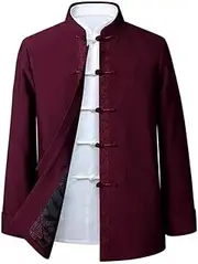 [NTWSHS] Chinese Clothing Chinese Traditional Tang Suit for Men, Kung Fu Clothing Tops Martial Art Cotton Shirt Long Sleeved Coats Cotton Linen Tai Chi Clothes Zen Meditation Uniform(Red,X-Large)