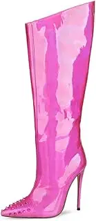 [JIEEME] Patent Leather Fashion Pointed Toe Stiletto Zipper Super High Heel with 12 cm Handmade Knee-High Boots for Women Big Size 35-45 TWJ3512