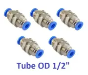 Bulkhead Union Pneumatic Connector Tube OD 1/2" Inch Push In Fitting 5 Pieces