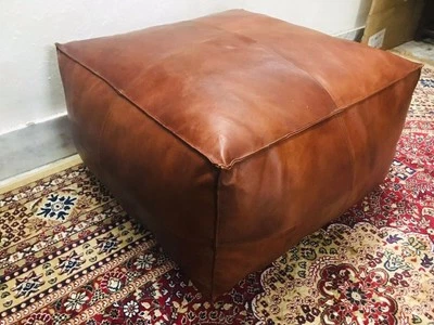 New Footstool Ottoman Brown Square Handstich Boho Leather Pouf Moroccan Pouffe