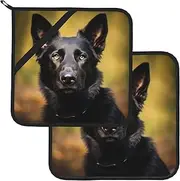 2 Pack Pot Holders for Kitchen Heat Resistant Potholders Black German Shepherd Dog Pot Holders Set Washable Hot Pads with Loop Non Slip Potholders for Cooking Baking BBQ Microwave 8 x 8 Inch