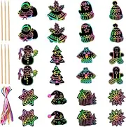 Scratch Paper Christmas, Christmas Decorations Crafts With Wooden Stick And Ribbon - Scratching Paper Card Ornaments For Christmas Activities In Classroom Favor Supplies Look