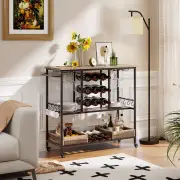 CostwayHome Serving Cart on Wheels with Glass Racks for Kitchen Dining Room and Living Room-Brown