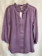 NWT Chico's Soft Washed Top Purple Sz 0 Decor Buttons Front Pullover 3/4 Sleeves