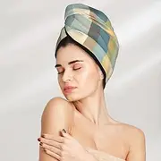 Colorful Buffalo Plaid Print Coral Velvet Dry Hair Cap with Button, Quick Dry Hair Turban for All Hair Style