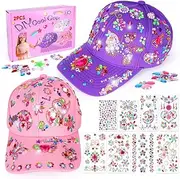 [Jodenfun] Gifts for 6-12 Years Old Girls Make Own Baseball Cap: Presents Arts and Crafts Sets for Age 7-8-9-10-11 Girls Sun Hat with Unicorn Gem Art Stickers Diamond Baseball Cap for Kids Girls Toys 2PCS