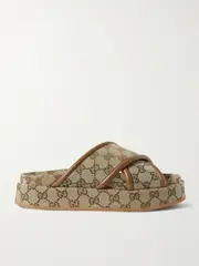 [Gucci] Gucci - Clarice Leather-trimmed Canvas-jacquard Platform Sandals - Beige - IT39.5 IT 39.5 Neutrals