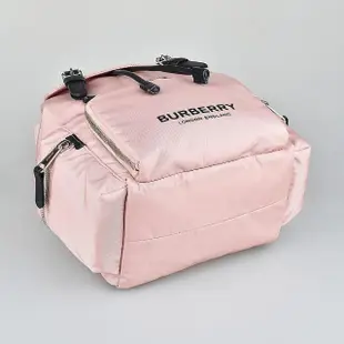 【BURBERRY 巴寶莉】BURBERRY THE RUCKSACK印字LOGO尼龍掀蓋壓釦式後背包(粉紅)