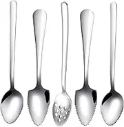 Grapefruit Spoon, 5-Piece Set, 4 Stainless Steel Grapefruit Spoons and 1 Spoon with Holes, Spoon with Kiwi Spoon, Grapefruit Spoon, Dessert Spoon, Serrated Edge, Suitable for Fruit