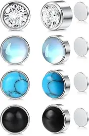 [Kakonia] 4 Pairs Magnetic Stud Earrings for Women Men Zircon Moonstone Earrings Turquoise Black Earrings Round Gemstone Magnet Non Piercing Clip On Earrings