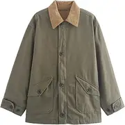 Kissonic Womens Oversized Barn Jacket Button Down Corduroy Lapel Collar Canvas Jacket Outwear