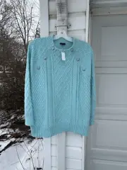 NWT Talbots Gorgeous Aqua Woven Argyle Stripe Button Sweater 3X 22W 24W