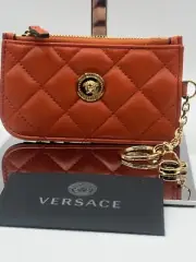$700 Versace Medusa Quilted Orange Leather Zipper Card Case Wallet With Keychain