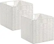 Vagusicc Storage Baskets, Set of 2 Hand-Woven Paper Rope Wicker Baskets, Foldable Cube Storage Baskets Bins, 13 Inch Large Wicker Storage Baskets for Shelves Organizing & Decor, White (13''x13''x13'')