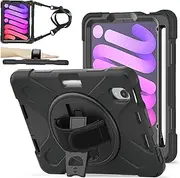ZenRich Case for iPad Mini 7 (A17 Pro) / Mini 6 8.3 inch 2024/2021, Heavy Duty Shockproof Rugged Case with Pencil Holder Kickstand Hand Strap Carrying Shoulder Belt for iPad Mini 7th Generation,Black