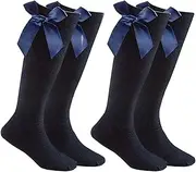 [ITRAT] 2 Pairs Knee High School Socks Girls - Cotton Socks Back to School Socks with Fluffy Ribbons Bow Party Wear Stocking Comfort Fit Long Kids School Sock Uniform Girls Bow Knee High Sox