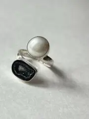 Pearl & Geode Adjustable Ring 925 Sterling Silver Size 7
